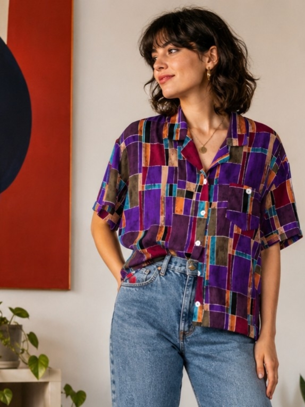 Vintage 90s Teddi Multicolor Purple Geometric Colorblock Short-Sleeve Button-Up